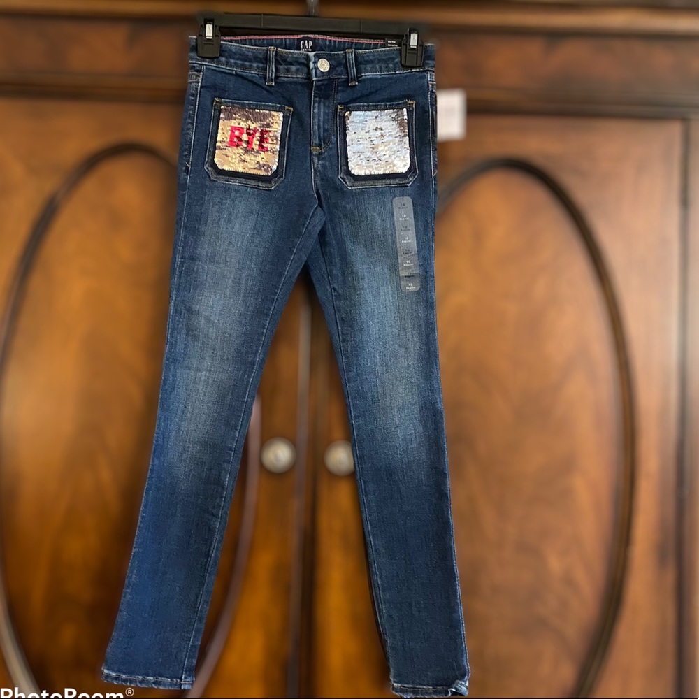 Gap Kids Skinny Sequin Flippy Emoji Jeans, Hi Bye Smiley Face NWT Size 10 - Picture 3 of 14
